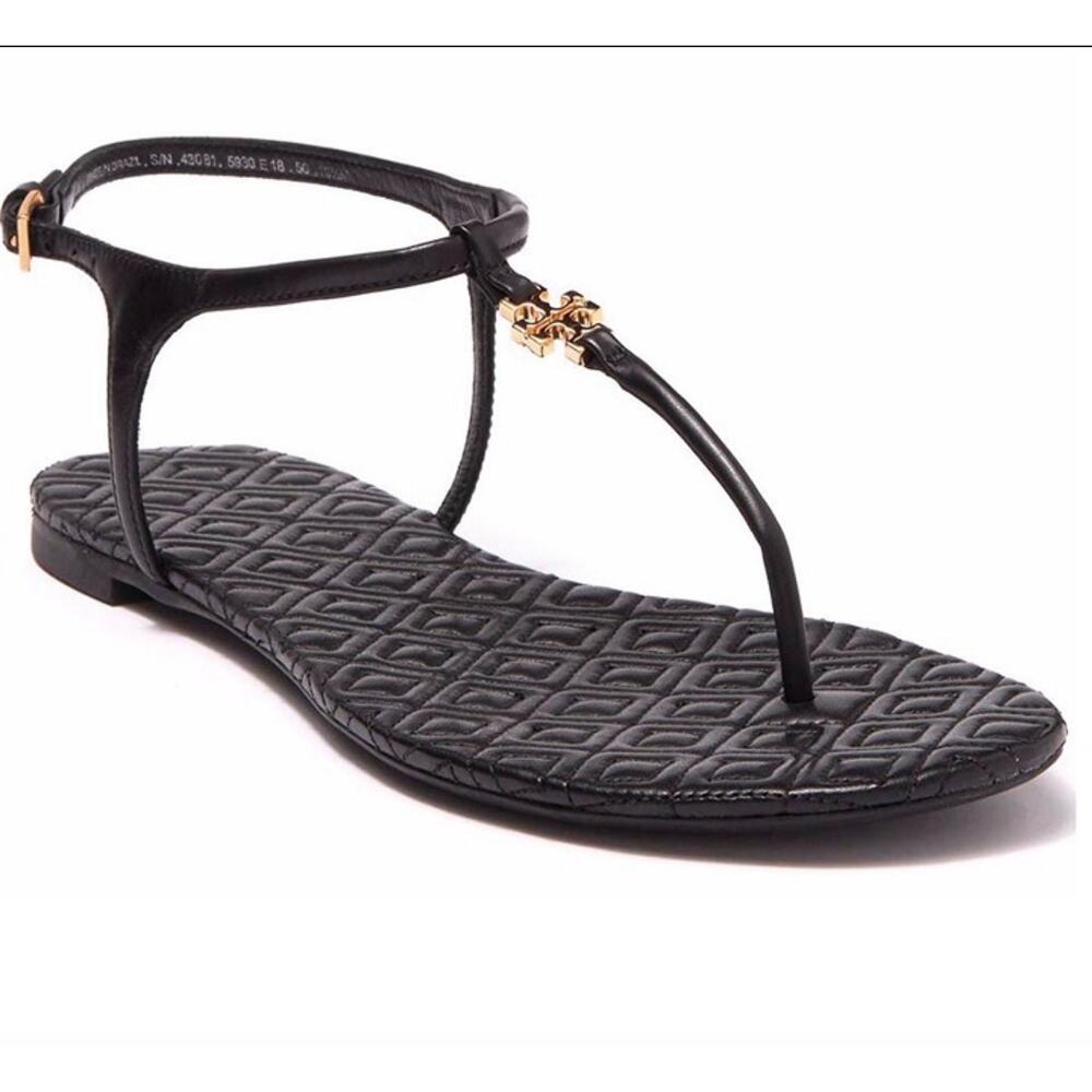 TORY BURCH | Marion Quilted Leather Flat Sandals Black & Gold Ankle Strap | 10